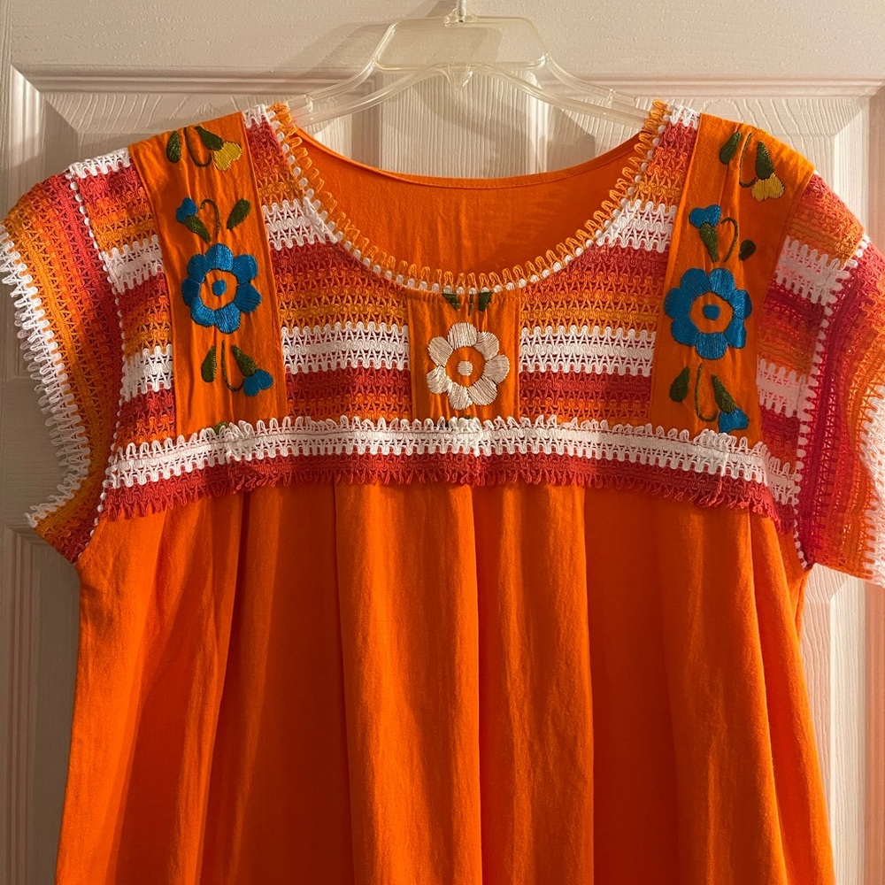 Orange Floral Embroidered Casual Dress - Picture 2 of 5